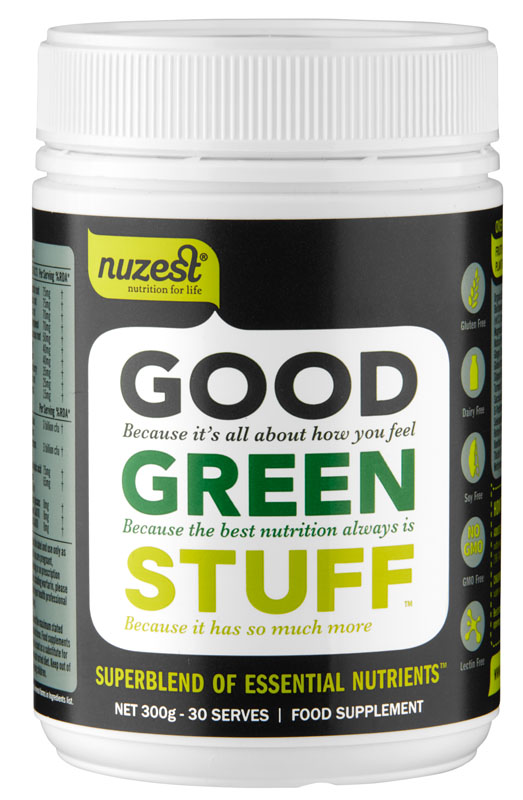 Behälter mit der Aufschrift 'Good Green Stuff' von Nuzest, ein Nahrungsergänzungsmittel mit 300g Inhalt.