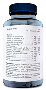 Das Bild zeigt eine blaue Flasche mit einem schwarzen Deckel, die Nahrungsergänzungsmittel enthält. Auf dem Etikett sind die Inhaltsstoffe und Nährwerte in niederländischer Sprache aufgelistet. Die Flasche ist für Vegetarier und Veganer geeignet.