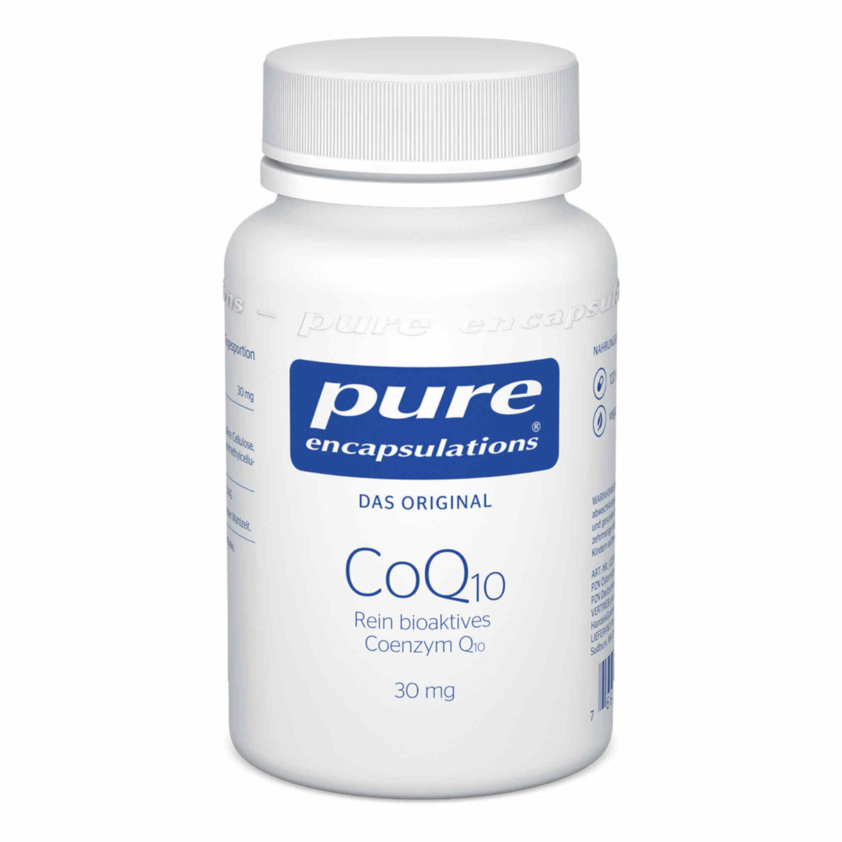Eine weiße Kunststoffflasche mit Schraubverschluss, auf der "pure encapsulations CoQ10 Rein bioaktives Coenzym Q10 30 mg" steht. Die Flasche hat ein blaues Etikett mit weißer Schrift und enthält Nahrungsergänzungsmittel.