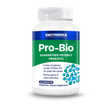 Eine weiße Plastikflasche mit einem blauen und grünen Etikett. Auf dem Etikett steht 'Pro-Bio Guaranteed-Potency Probiotic'. Die Flasche enthält 30 Kapseln und ist ein Nahrungsergänzungsmittel von Enzymedica. Es verspricht 10 Milliarden KBE pro Kapsel und ist vegetarisch. Die Flasche steht auf einem weißen Hintergrund.