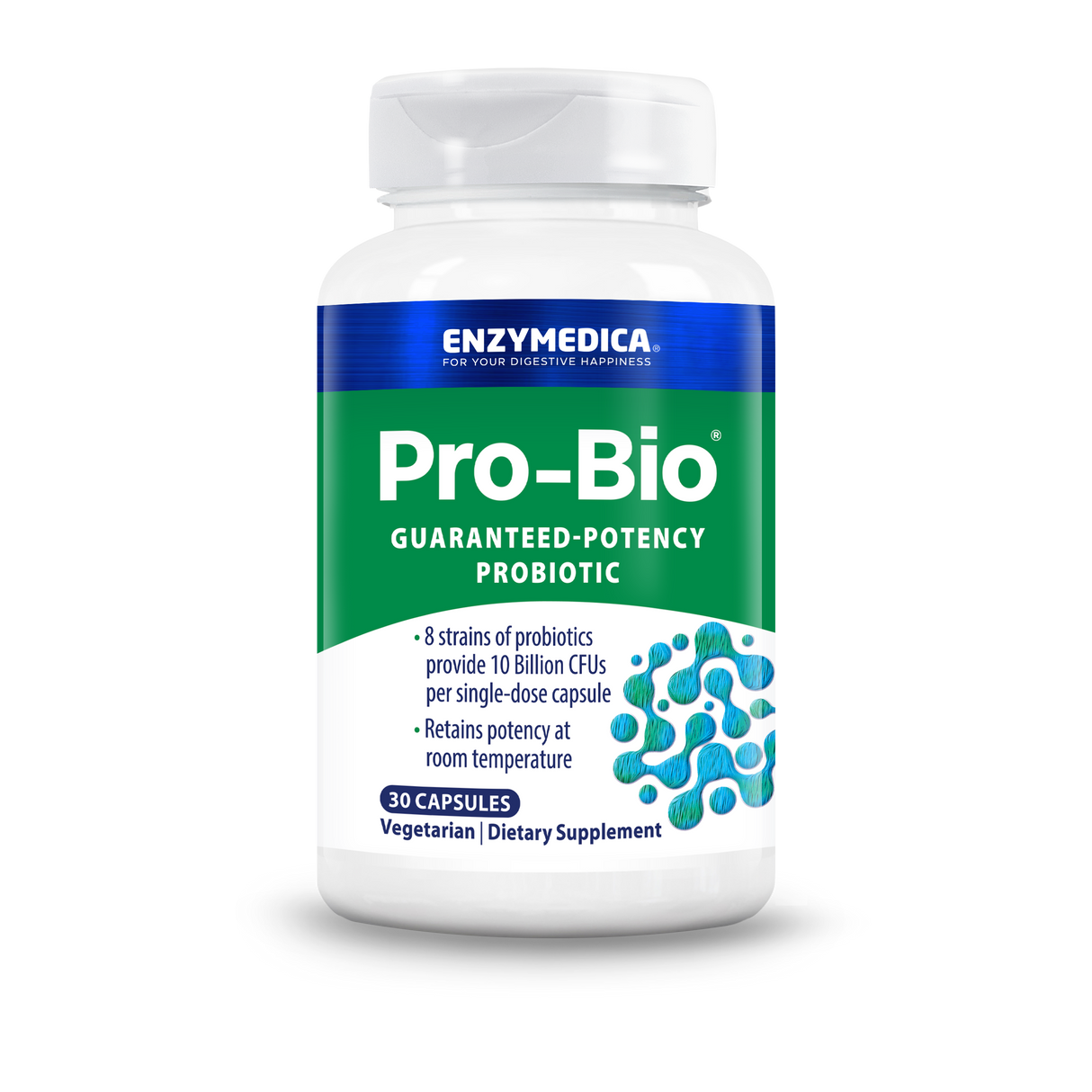 Eine weiße Plastikflasche mit einem blauen und grünen Etikett. Auf dem Etikett steht 'Pro-Bio Guaranteed-Potency Probiotic'. Die Flasche enthält 30 Kapseln und ist ein Nahrungsergänzungsmittel von Enzymedica. Es verspricht 10 Milliarden KBE pro Kapsel und ist vegetarisch. Die Flasche steht auf einem weißen Hintergrund.