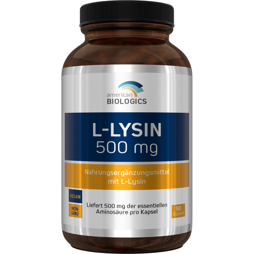 Eine weiße Plastikflasche mit einem Etikett, das Informationen über den Inhalt, L-Lysin-HCl, zeigt. Die Flasche enthält 90 Kapseln, jede mit 500 mg L-Lysin-HCl. Herstellerinformationen und ein Barcode sind ebenfalls auf dem Etikett zu sehen.