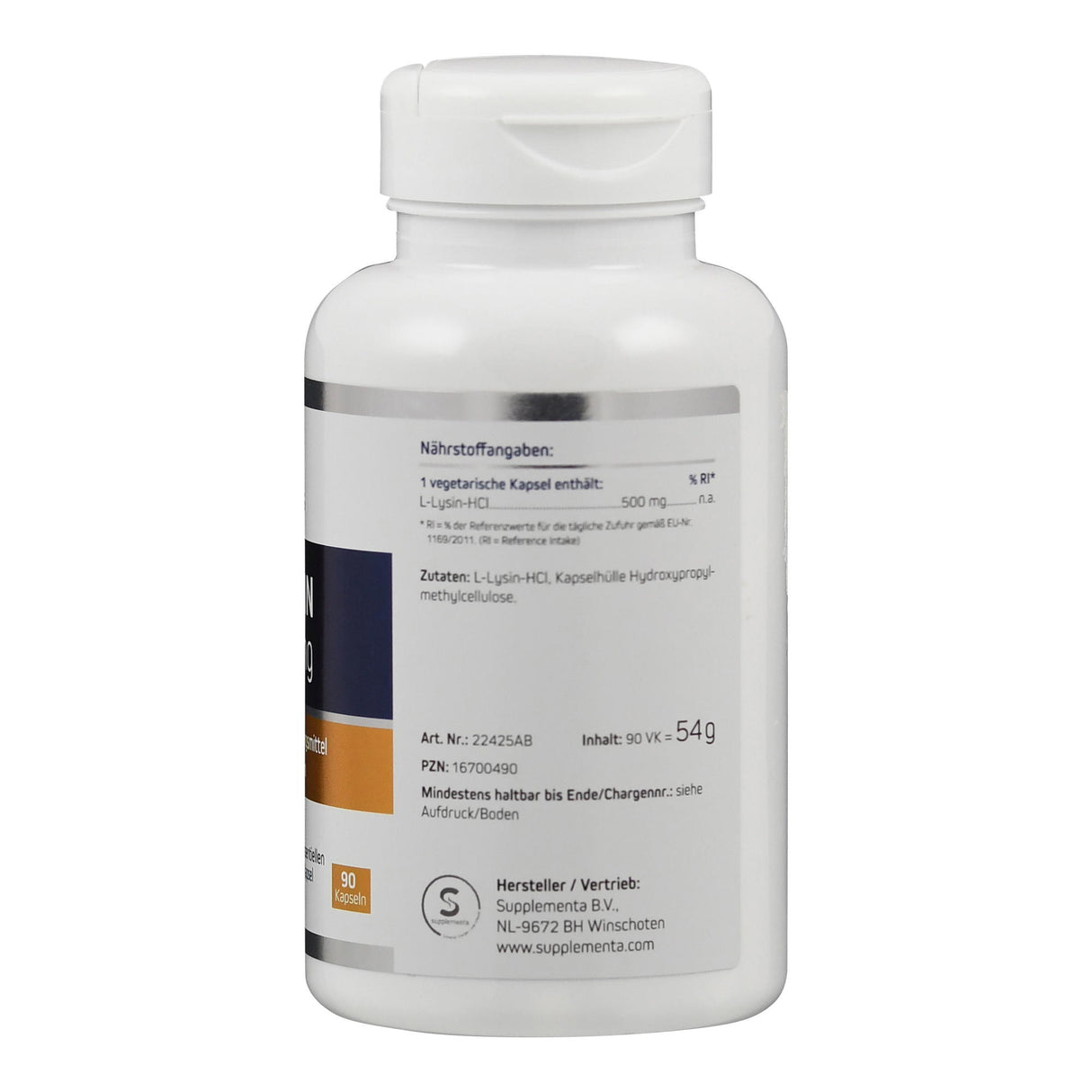Eine weiße Plastikflasche mit einem Etikett, das Informationen über den Inhalt, L-Lysin-HCl, zeigt. Die Flasche enthält 90 Kapseln, jede mit 500 mg L-Lysin-HCl. Herstellerinformationen und ein Barcode sind ebenfalls auf dem Etikett zu sehen.