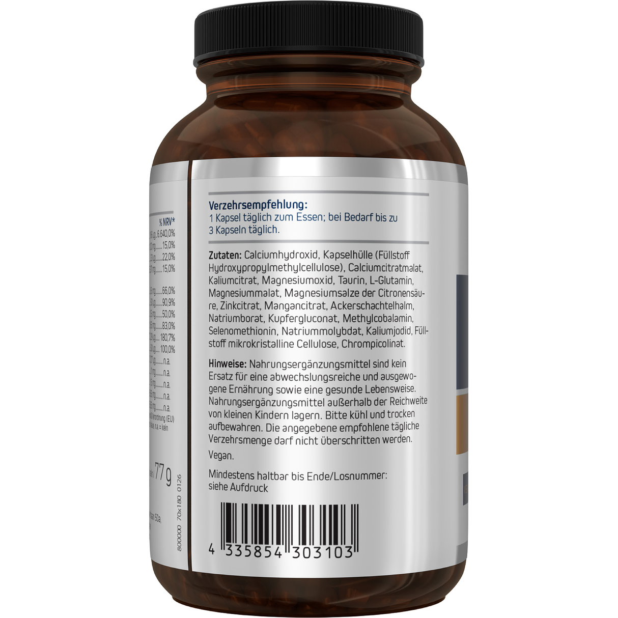 Weiße Flasche mit Etikett "MINERALS FOR LIFE" von American Biologics. Enthält 90 Kapseln. Nahrungsergänzungsmittel mit Mineralstoffen.