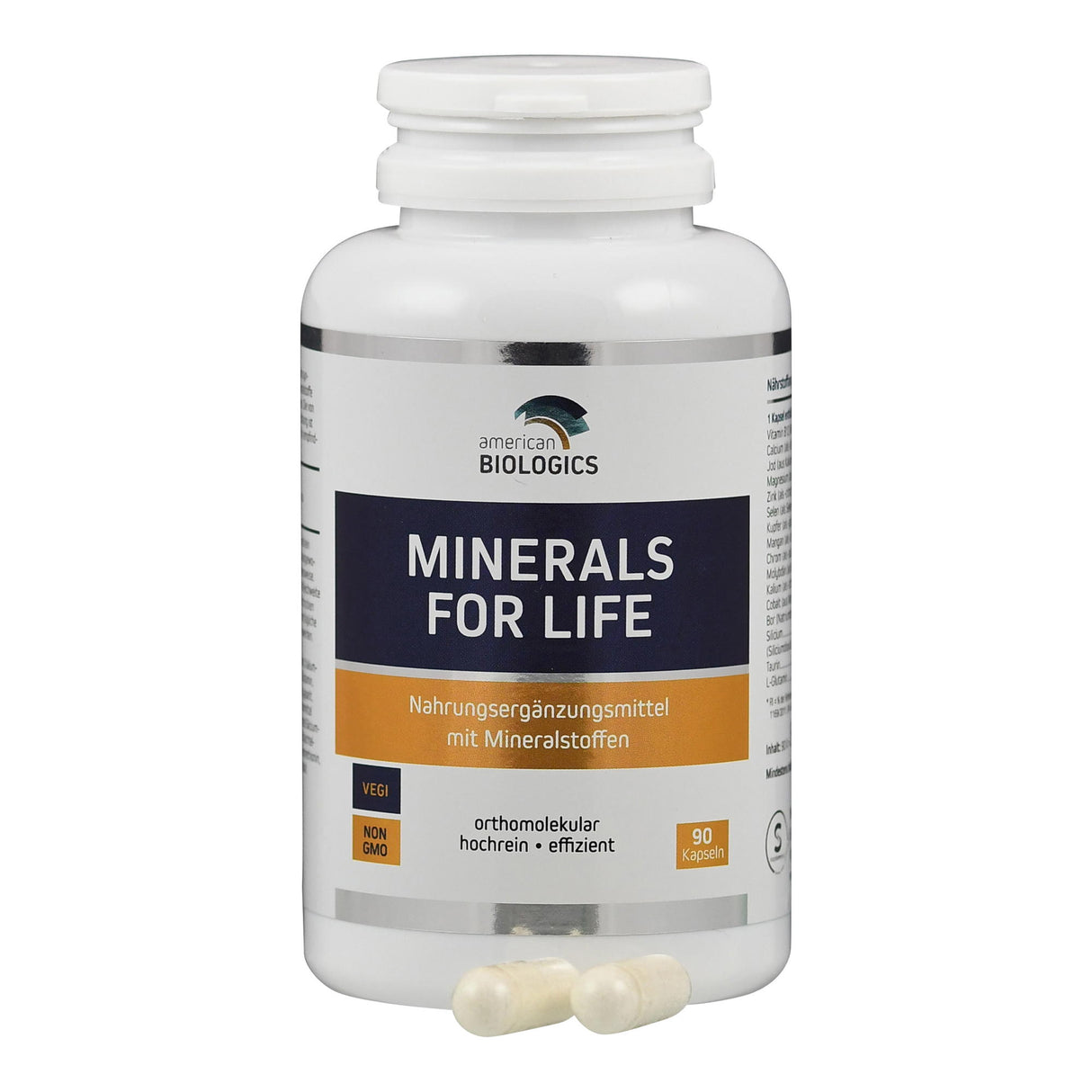 Weiße Flasche mit Etikett "MINERALS FOR LIFE" von American Biologics. Enthält 90 Kapseln. Nahrungsergänzungsmittel mit Mineralstoffen.