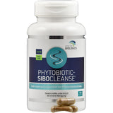 Eine weiße Plastikdose mit dem Etikett 'Phytobiotic-Sibocleanse', einem Nahrungsergänzungsmittel von American Biologics. Auf dem Etikett stehen 'vegan' und 'non-GMO'. Es sind 120 Kapseln enthalten. Vor der Dose liegen einige Kapseln.