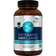 Eine weiße Plastikdose mit dem Etikett 'Phytobiotic-Sibocleanse', einem Nahrungsergänzungsmittel von American Biologics. Auf dem Etikett stehen 'vegan' und 'non-GMO'. Es sind 120 Kapseln enthalten. Vor der Dose liegen einige Kapseln.
