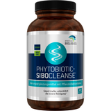 Eine weiße Plastikdose mit dem Etikett 'Phytobiotic-Sibocleanse', einem Nahrungsergänzungsmittel von American Biologics. Auf dem Etikett stehen 'vegan' und 'non-GMO'. Es sind 120 Kapseln enthalten. Vor der Dose liegen einige Kapseln.