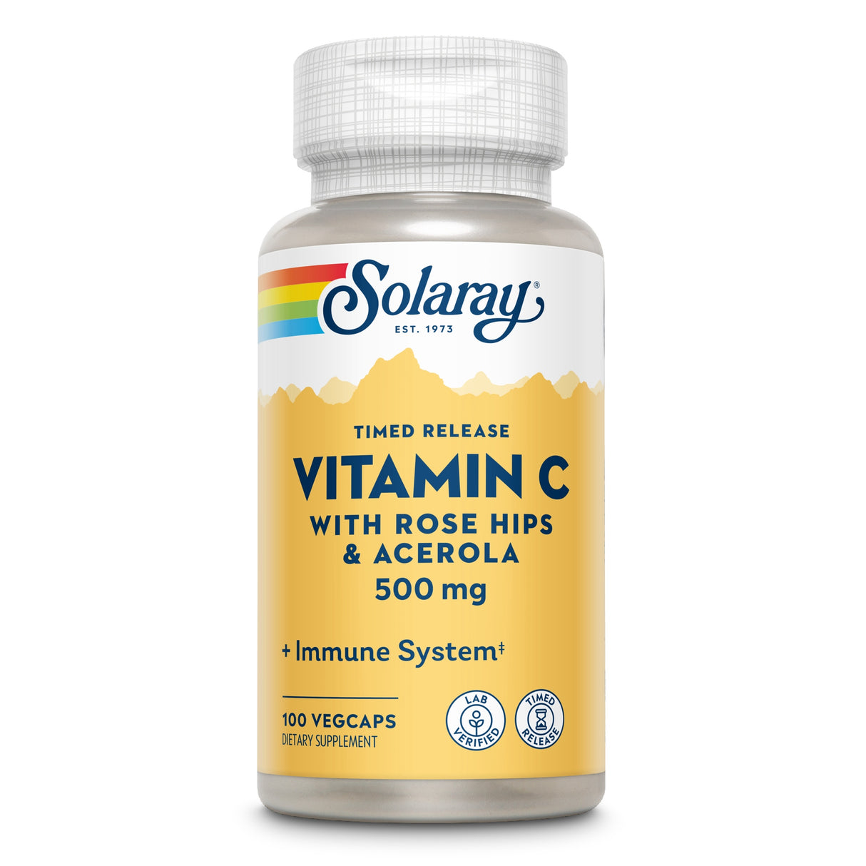 Flasche mit Solaray Vitamin C, 500 mg, mit Hagebutten und Acerola, 100 Vegcaps, Nahrungsergänzungsmittel, zeitverzögerte Freisetzung.
