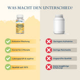 Das Bild zeigt einen Vergleich zwischen zwei Vitamin-E-Produkten. Links ist eine Flasche "Solaray Vitamin E Tocotrienols" mit Vorteilen wie "Exklusive Mischung" und "Qualität seit 1973". Rechts ist eine generische Flasche mit Nachteilen wie "Geringere Aufnahme" und "Keine langjährige Erfahrung". Im oberen Bereich steht der Titel "Was macht den Unterschied?".