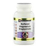 Eine weiße Plastikflasche mit einem Etikett von Kirkman. Auf dem Etikett steht 'Buffered Magnesium Bisglycinate'. Es ist glutenfrei und hypoallergen. Die Flasche enthält 180 vegetarische Kapseln.