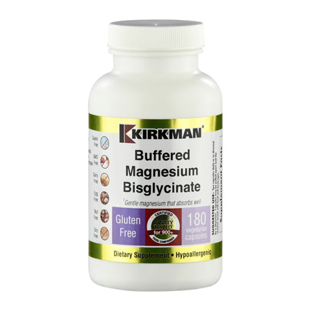Eine weiße Plastikflasche mit einem Etikett von Kirkman. Auf dem Etikett steht 'Buffered Magnesium Bisglycinate'. Es ist glutenfrei und hypoallergen. Die Flasche enthält 180 vegetarische Kapseln.