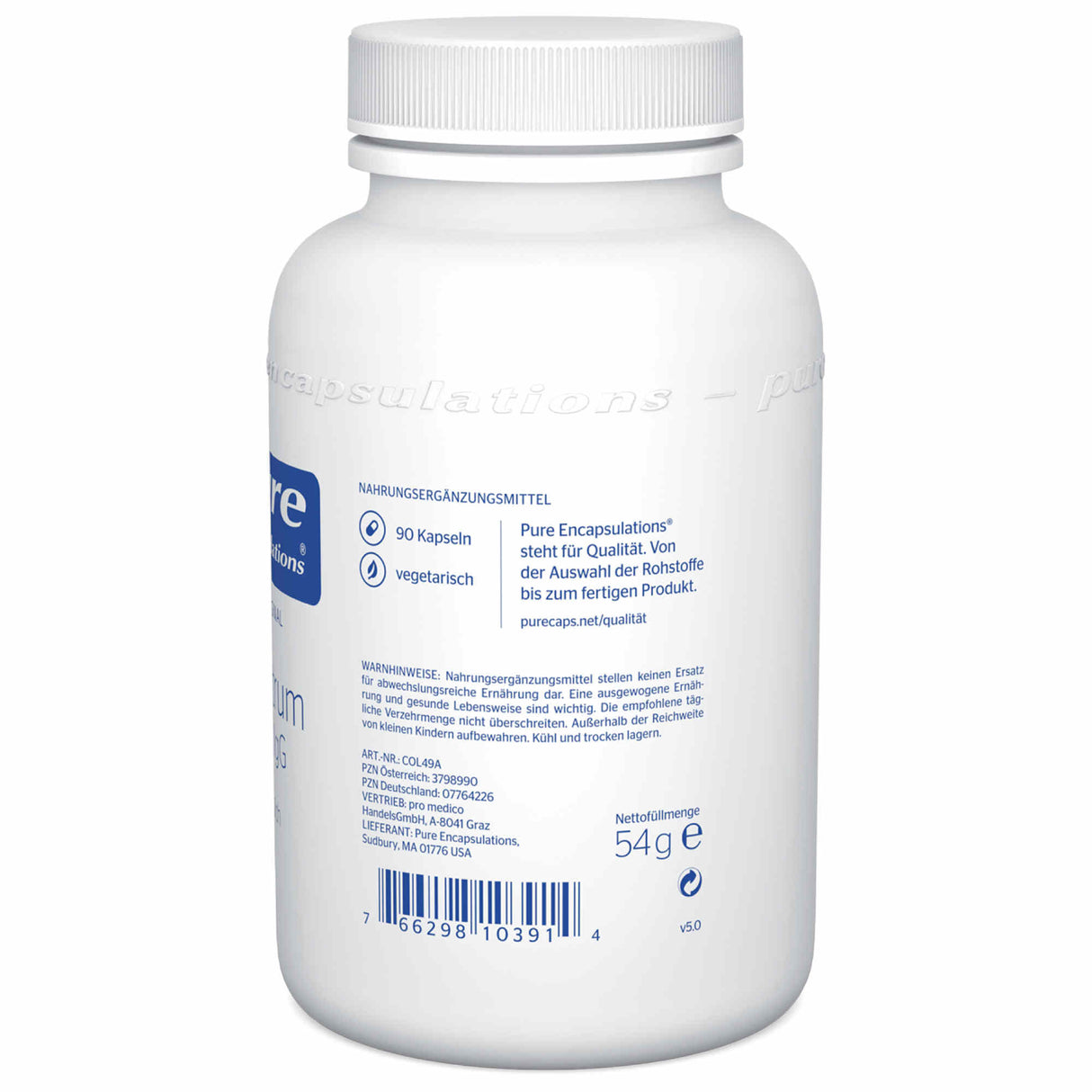Das Bild zeigt eine weiße Plastikflasche mit einem Etikett von Pure Encapsulations. Auf dem Etikett stehen Informationen über das Produkt, wie z.B. dass es sich um ein Nahrungsergänzungsmittel mit 90 Kapseln handelt, die vegetarisch sind. Es gibt auch Hinweise zur Lagerung und einen Barcode. Die Flasche ist leicht nach rechts geneigt.