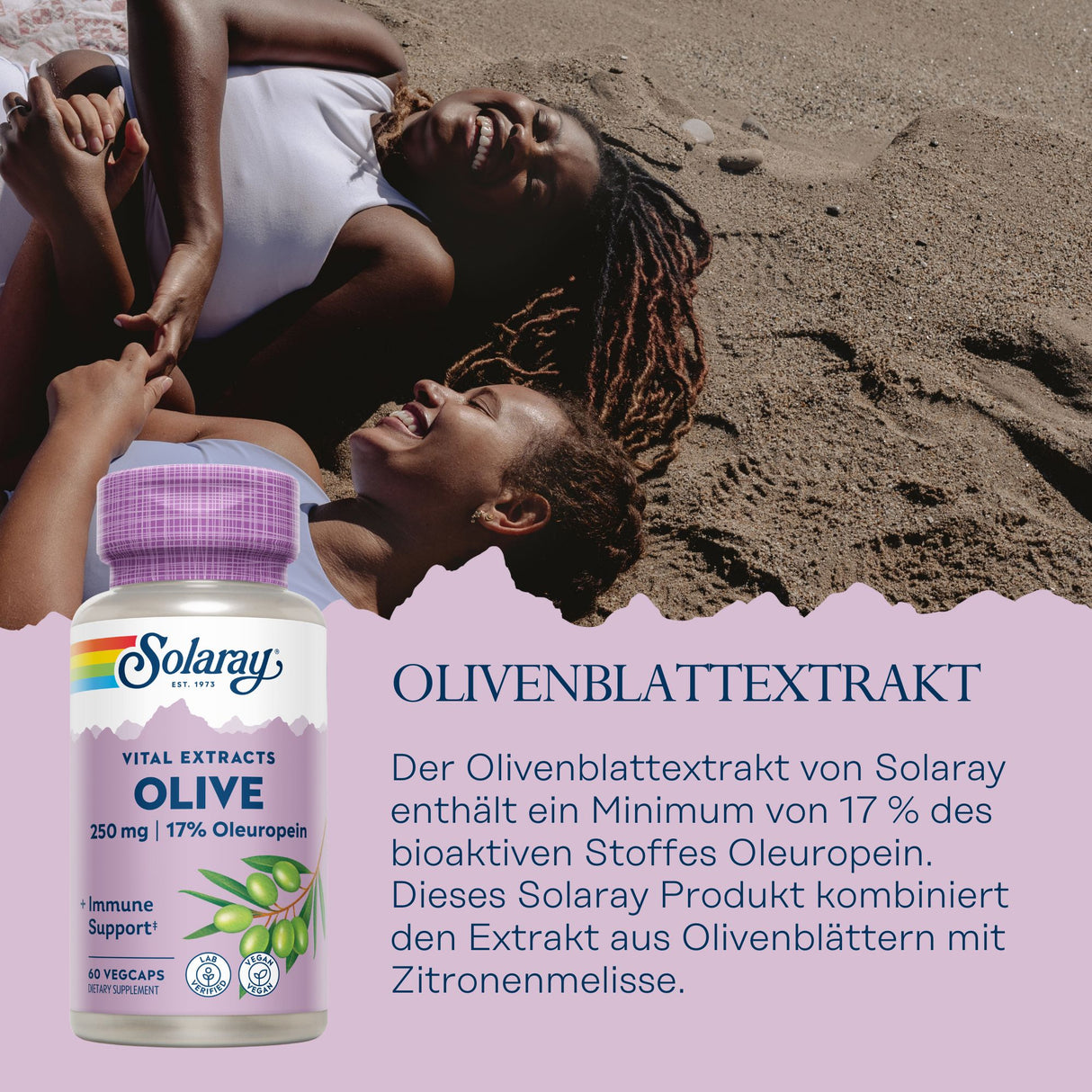 Zwei lachende Frauen am Strand, daneben Solaray Olivenblattextrakt Flasche mit Text über Inhaltsstoffe und Vorteile.