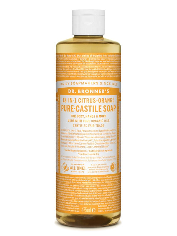 Eine Flasche Dr. Bronner's 18-in-1 Citrus-Orange Pure-Castile Soap mit orangem Etikett. Enthält organische Öle, zertifiziert fair gehandelt. 475 ml.