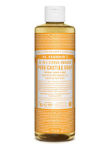 Eine Flasche Dr. Bronner's 18-in-1 Citrus-Orange Pure-Castile Soap mit orangem Etikett. Enthält organische Öle, zertifiziert fair gehandelt. 475 ml.
