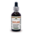Die Abbildung zeigt eine 60 ml Flasche Dulse von Hawaii Pharm. Die Flasche hat eine dunkle Farbe mit einem Etikett, das den Produktnamen und Details wie "Palmaria Palmata" und "herbal supplement" enthält. Der Verschluss ist mit einem Papierband umwickelt, auf dem "Made in the USA" steht.
