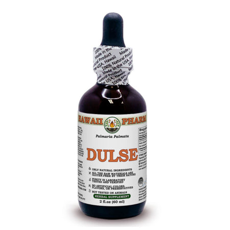 Die Abbildung zeigt eine 60 ml Flasche Dulse von Hawaii Pharm. Die Flasche hat eine dunkle Farbe mit einem Etikett, das den Produktnamen und Details wie "Palmaria Palmata" und "herbal supplement" enthält. Der Verschluss ist mit einem Papierband umwickelt, auf dem "Made in the USA" steht.