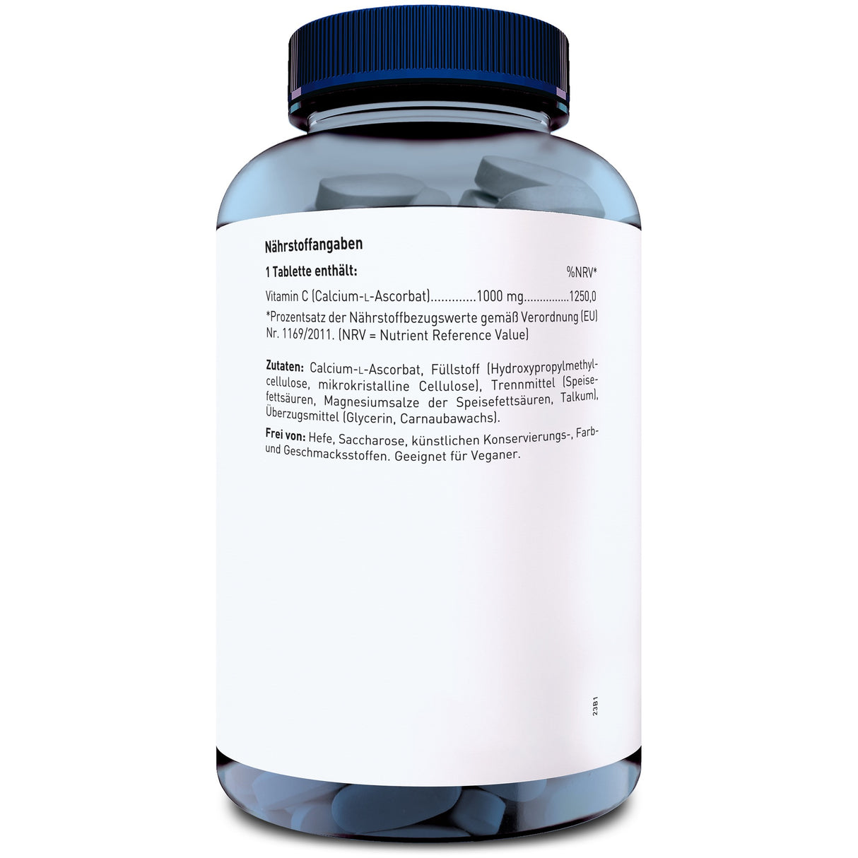 Eine durchsichtige Plastikflasche mit blauem Deckel, gefüllt mit Tabletten. Auf dem weißen Etikett sind Nährstoffangaben und Zutaten aufgedruckt. Die Flasche enthält Vitamin C (Calcium-L-Ascorbat) mit 1000 mg pro Tablette. Geeignet für Veganer, frei von Hefe, Saccharose und künstlichen Konservierungsstoffen.