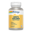 Das Bild zeigt eine Flasche Solaray Men's Golden Multivitamin mit einem gelben Etikett. Auf dem Etikett stehen die Vorteile: Energie, Elektrolyte und Immunsystem. Die Flasche enthält 90 Kapseln. Das Produkt ist laborgeprüft.