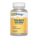 Eine Flasche Solaray Women's Golden Multivitamin mit gelbem Etikett und Regenbogen-Logo. Enthält 90 Kapseln, fördert Energie und Immunsystem. Lab-geprüft.