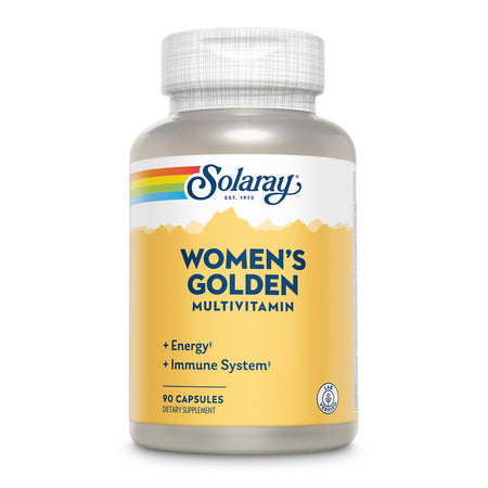 Eine Flasche Solaray Women's Golden Multivitamin mit gelbem Etikett und Regenbogen-Logo. Enthält 90 Kapseln, fördert Energie und Immunsystem. Lab-geprüft.