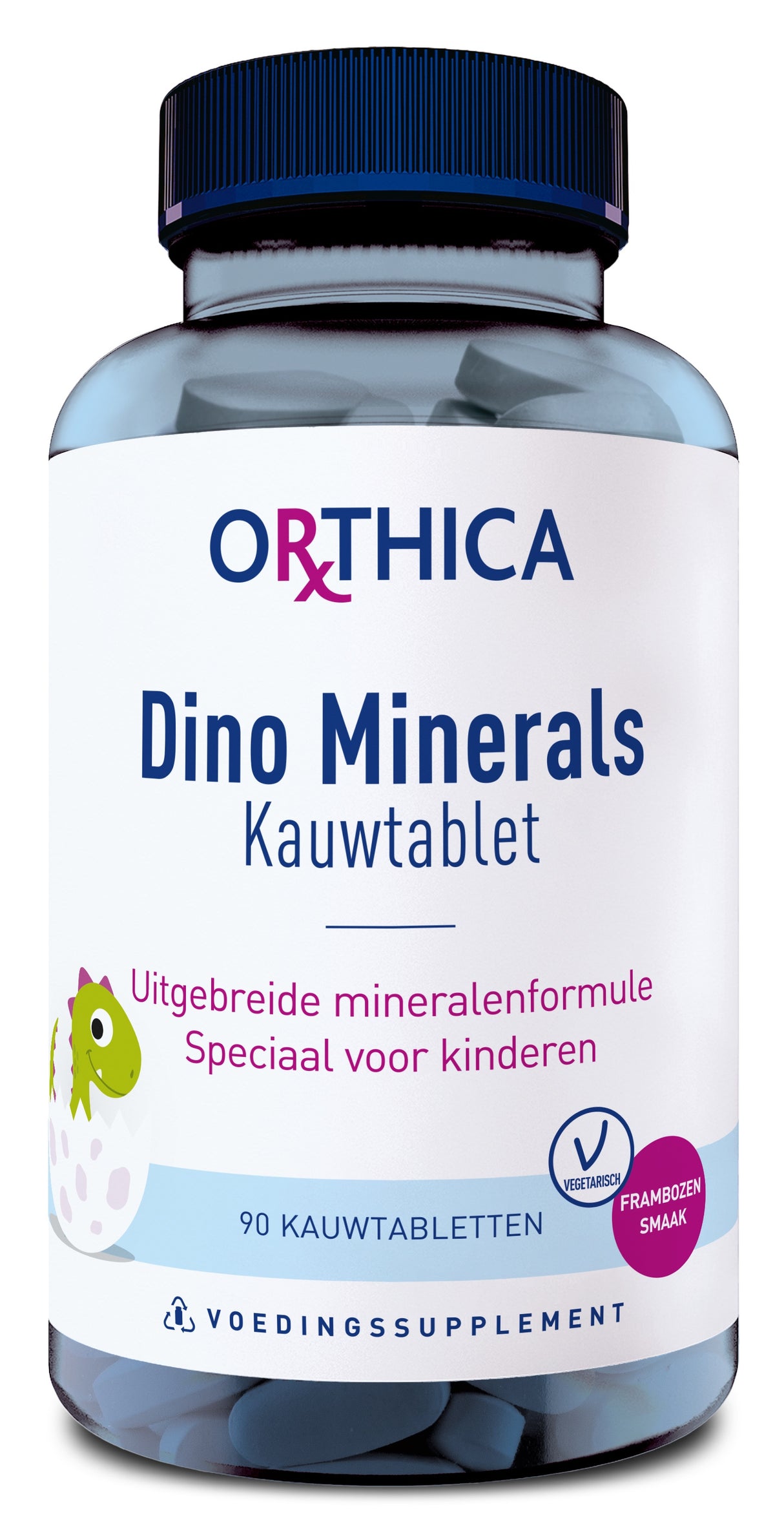 Eine Flasche mit einem Nahrungsergänzungsmittel namens "Orthica Dino Minerals Kauwtablet". Die Flasche ist blau mit einem schwarzen Deckel. Auf dem Etikett steht: "Uitgebreide mineralenformule speciaal voor kinderen" und "90 kauwtabletten". Es gibt ein Bild eines Dinosauriers und das Wort "voedingssupplement". Das Produkt ist vegetarisch und hat einen Himbeergeschmack.