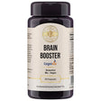 Das Bild zeigt zwei Pillenflaschen nebeneinander. Die linke Flasche ist dunkel und hat ein Etikett mit der Aufschrift "Brain Booster" und mehreren Vorteilen wie "koffeinfrei", "natürlich" und "spürbare Wirkung ab der 1. Kapsel". Die rechte Flasche ist weiß und unbeschriftet, mit negativen Punkten wie "nicht klinisch getestet" und "oft mit Koffein". Der Hintergrund ist zweifarbig, links beige und rechts weiß.