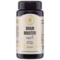 Das Bild zeigt zwei Pillenflaschen nebeneinander. Die linke Flasche ist dunkel und hat ein Etikett mit der Aufschrift "Brain Booster" und mehreren Vorteilen wie "koffeinfrei", "natürlich" und "spürbare Wirkung ab der 1. Kapsel". Die rechte Flasche ist weiß und unbeschriftet, mit negativen Punkten wie "nicht klinisch getestet" und "oft mit Koffein". Der Hintergrund ist zweifarbig, links beige und rechts weiß.