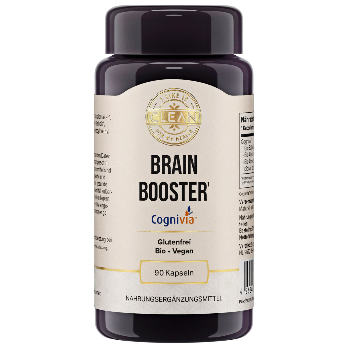 Das Bild zeigt zwei Pillenflaschen nebeneinander. Die linke Flasche ist dunkel und hat ein Etikett mit der Aufschrift "Brain Booster" und mehreren Vorteilen wie "koffeinfrei", "natürlich" und "spürbare Wirkung ab der 1. Kapsel". Die rechte Flasche ist weiß und unbeschriftet, mit negativen Punkten wie "nicht klinisch getestet" und "oft mit Koffein". Der Hintergrund ist zweifarbig, links beige und rechts weiß.