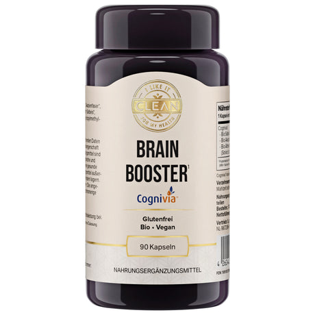 Das Bild zeigt zwei Pillenflaschen nebeneinander. Die linke Flasche ist dunkel und hat ein Etikett mit der Aufschrift "Brain Booster" und mehreren Vorteilen wie "koffeinfrei", "natürlich" und "spürbare Wirkung ab der 1. Kapsel". Die rechte Flasche ist weiß und unbeschriftet, mit negativen Punkten wie "nicht klinisch getestet" und "oft mit Koffein". Der Hintergrund ist zweifarbig, links beige und rechts weiß.
