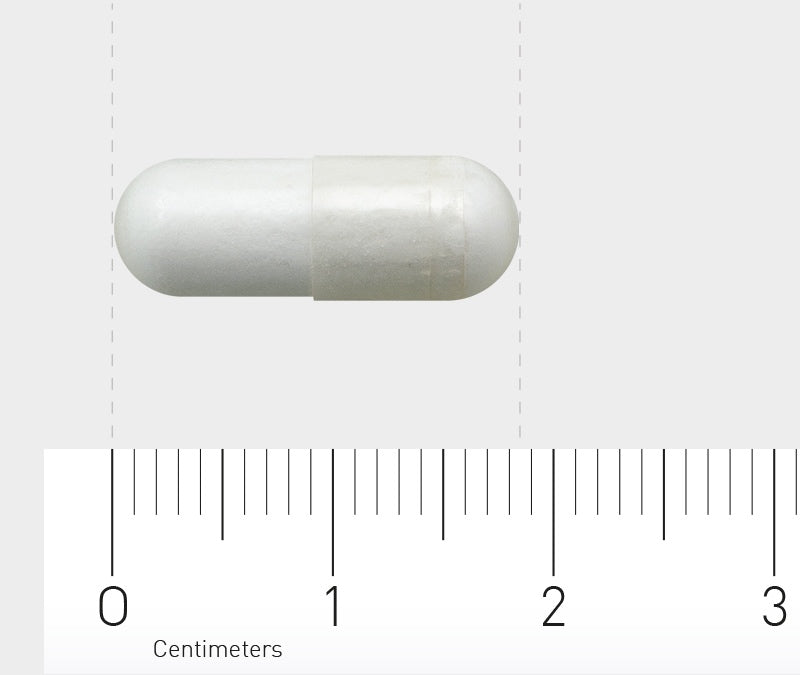 Eine weiße Kapsel liegt horizontal auf einem Lineal mit Zentimeter-Maßeinheiten, das den Maßstab zeigt. Der Hintergrund ist grau.