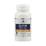 Eine weiße Plastikflasche mit einem Etikett, das "American Biologics Glycin 500 mg" zeigt. Die Flasche enthält 90 Kapseln und ist als Nahrungsergänzungsmittel gekennzeichnet. Das Etikett ist blau und orange gefärbt.