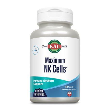 Dose mit Nahrungsergänzungsmitteln von KAL, beschriftet mit "Maximum NK Cells" für Immunsystemunterstützung. Enthält 60 Tabletten.