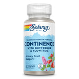 Das Bild zeigt eine Flasche des Nahrungsergänzungsmittels Solaray Continence. Die Flasche ist weiß mit einem blauen Etikett und enthält 60 Veggie-Kapseln. Auf dem Etikett sind die Inhaltsstoffe Butterbur und Flowtrol sowie die Unterstützung der Harnwege hervorgehoben.
