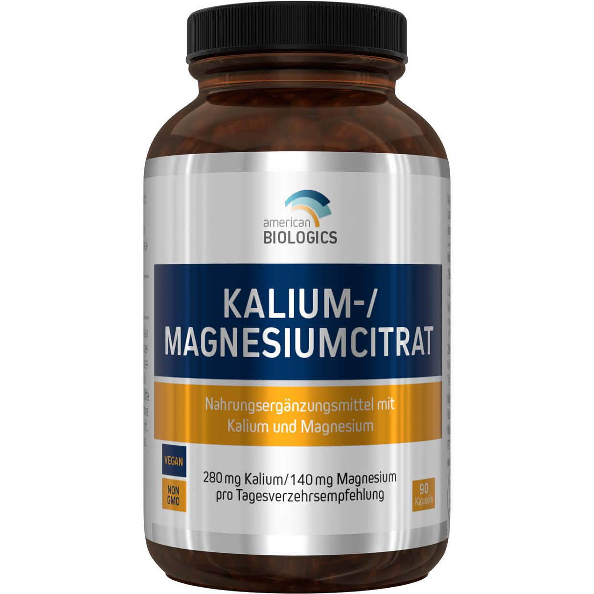 Eine weiße Plastikflasche mit einem Etikett, das Informationen über Nahrungsergänzungsmittel enthält. Das Etikett beschreibt die Inhaltsstoffe und Nährwerte der Kapseln, die Kalium und Magnesium enthalten. Die Flasche hat einen weißen Schraubverschluss und ist auf einem weißen Hintergrund platziert. Auf dem Etikett sind auch Angaben zum Hersteller und zur Haltbarkeit zu sehen.