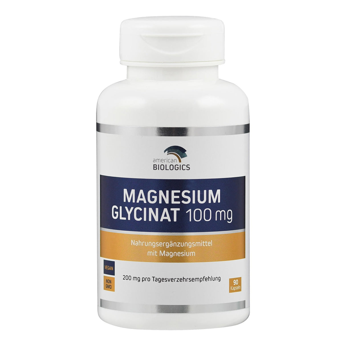 Eine weiße Plastikflasche mit einem Etikett, das "Magnesium Glycinat 100 mg" von American Biologics zeigt. Die Flasche enthält 90 Kapseln und ist als Nahrungsergänzungsmittel gekennzeichnet. Das Etikett ist blau und orange mit Informationen zu veganen und gentechnikfreien Inhaltsstoffen.