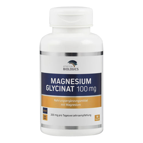 Eine weiße Plastikflasche mit einem Etikett, das "Magnesium Glycinat 100 mg" von American Biologics zeigt. Die Flasche enthält 90 Kapseln und ist als Nahrungsergänzungsmittel gekennzeichnet. Das Etikett ist blau und orange mit Informationen zu veganen und gentechnikfreien Inhaltsstoffen.