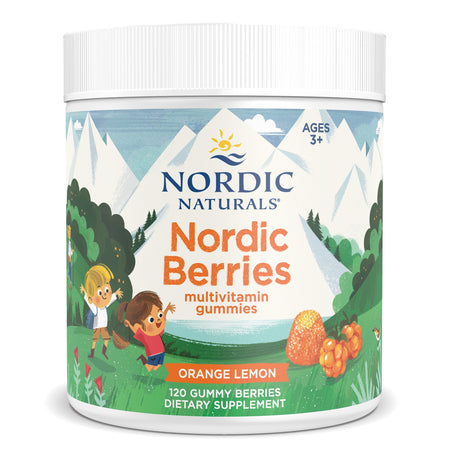Dose mit Nordic Berries Multivitamin-Gummis, Orange-Zitronen-Geschmack, für Kinder ab 3 Jahren. Enthält 120 Gummis. Illustration von Kindern.