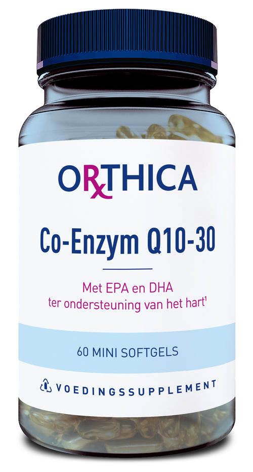 Eine Flasche mit dem Etikett 'Orthica Co-Enzym Q10-30', das auf die Unterstützung des Herzens hinweist. Die Flasche enthält 60 Mini-Softgels und ist als Nahrungsergänzungsmittel gekennzeichnet.