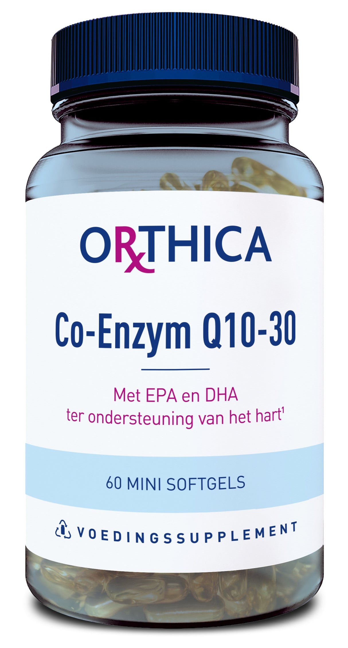 Eine Flasche mit dem Etikett 'Orthica Co-Enzym Q10-30', das auf die Unterstützung des Herzens hinweist. Die Flasche enthält 60 Mini-Softgels und ist als Nahrungsergänzungsmittel gekennzeichnet.