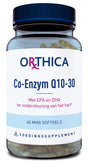 Eine Flasche mit dem Etikett 'Orthica Co-Enzym Q10-30', das auf die Unterstützung des Herzens hinweist. Die Flasche enthält 60 Mini-Softgels und ist als Nahrungsergänzungsmittel gekennzeichnet.