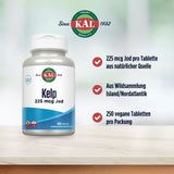 Das Bild zeigt eine Flasche Kelp-Nahrungsergänzungsmittel von KAL mit 225 mcg Jod pro Tablette. Die Flasche steht auf einer Tischplatte. Auf der rechten Seite sind Informationen über die Herkunft und Menge des Produkts angegeben: 225 mcg Jod pro Tablette aus natürlicher Quelle, aus Wildsammlung Island/Nordatlantik, und 250 vegane Tabletten pro Packung. Im Hintergrund ist das KAL-Logo zu sehen mit dem Hinweis 'Since 1932'.