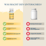 Das Bild zeigt einen Vergleich zwischen zwei Nahrungsergänzungsmitteln. Links ist eine Flasche "Solaray L-Carnitine 500 mg" mit Vorteilen wie hohe Dosierung, aufgeschlossene Form, glutenfrei und laborgeprüft, Qualität seit 1973. Rechts ist eine generische, unbeschriftete Flasche mit Nachteilen wie niedrige Dosierungen, geringere Bioverfügbarkeit, ungeprüfte Qualität und keine langjährige Erfahrung. Der Hintergrund ist zweifarbig, mit einem gelben Bereich auf der linken Seite und einem beigen Bereich auf der