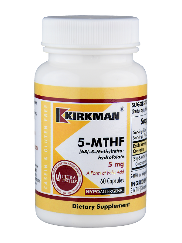 Das Bild zeigt eine weiße Plastikflasche mit einem gelben Etikett der Marke Kirkman. Auf dem Etikett steht "5-MTHF [6S]-5-Methyltetrahydrofolate 5 mg". Es handelt sich um ein Nahrungsergänzungsmittel mit 60 Kapseln, hypoallergen und glutenfrei. Auf der linken Seite des Etiketts befindet sich ein rotes Siegel mit der Aufschrift "Ultra Tested".