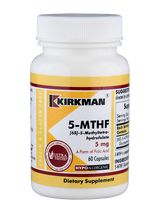 Das Bild zeigt eine weiße Plastikflasche mit einem gelben Etikett der Marke Kirkman. Auf dem Etikett steht "5-MTHF [6S]-5-Methyltetrahydrofolate 5 mg". Es handelt sich um ein Nahrungsergänzungsmittel mit 60 Kapseln, hypoallergen und glutenfrei. Auf der linken Seite des Etiketts befindet sich ein rotes Siegel mit der Aufschrift "Ultra Tested".