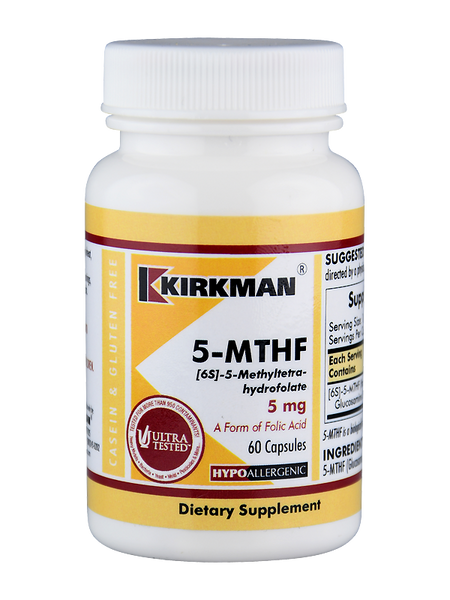 Das Bild zeigt eine weiße Plastikflasche mit einem gelben Etikett der Marke Kirkman. Auf dem Etikett steht "5-MTHF [6S]-5-Methyltetrahydrofolate 5 mg". Es handelt sich um ein Nahrungsergänzungsmittel mit 60 Kapseln, hypoallergen und glutenfrei. Auf der linken Seite des Etiketts befindet sich ein rotes Siegel mit der Aufschrift "Ultra Tested".