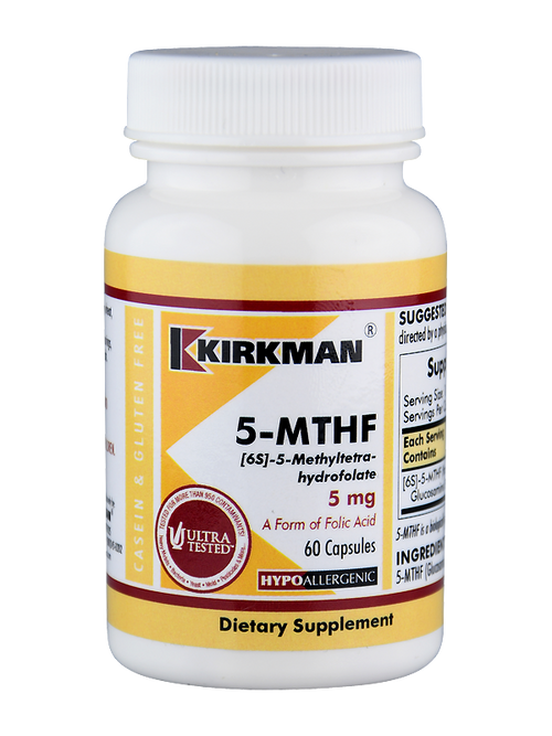 Das Bild zeigt eine weiße Plastikflasche mit einem gelben Etikett der Marke Kirkman. Auf dem Etikett steht "5-MTHF [6S]-5-Methyltetrahydrofolate 5 mg". Es handelt sich um ein Nahrungsergänzungsmittel mit 60 Kapseln, hypoallergen und glutenfrei. Auf der linken Seite des Etiketts befindet sich ein rotes Siegel mit der Aufschrift "Ultra Tested".