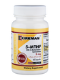 Das Bild zeigt eine weiße Plastikflasche mit einem gelben Etikett der Marke Kirkman. Auf dem Etikett steht "5-MTHF [6S]-5-Methyltetrahydrofolate 5 mg". Es handelt sich um ein Nahrungsergänzungsmittel mit 60 Kapseln, hypoallergen und glutenfrei. Auf der linken Seite des Etiketts befindet sich ein rotes Siegel mit der Aufschrift "Ultra Tested".