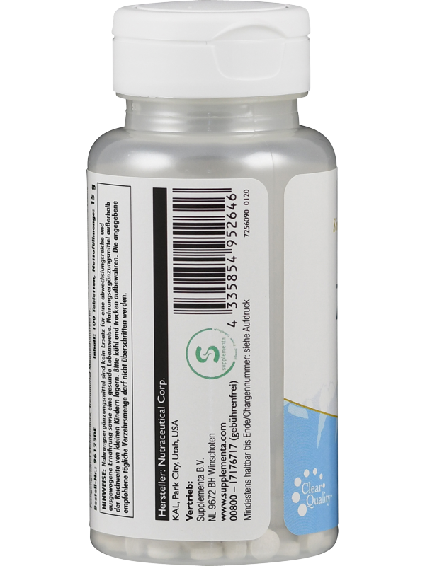 Eine durchsichtige Plastikflasche mit weißem Deckel, Etikett mit Barcode und Text. Der Hersteller ist Nutraceutical Corp., KAL, Park City, Utah, USA. Vertrieben von SuperSmart B.V., NL-5927 Alphen.